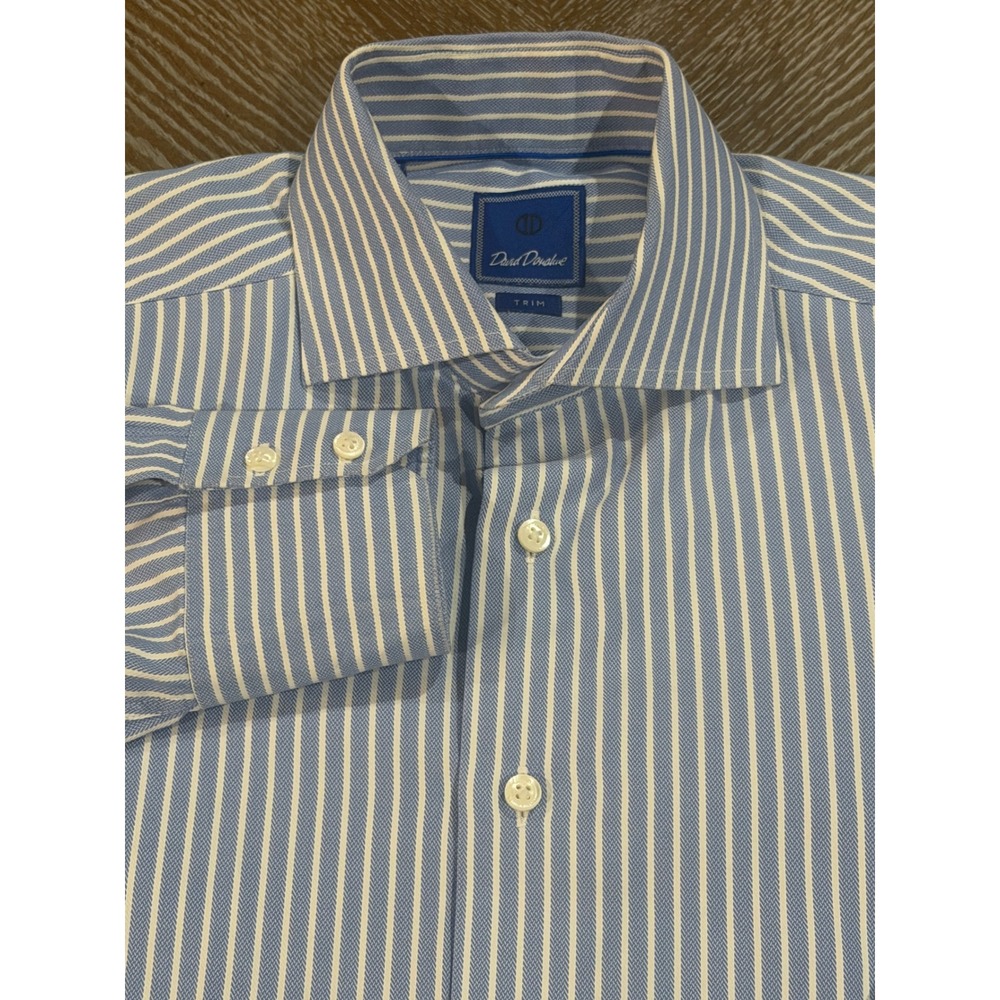 David Donahue Mens Trim Fit Dress Shirt Blue White Striped 17 34/35 Cotton